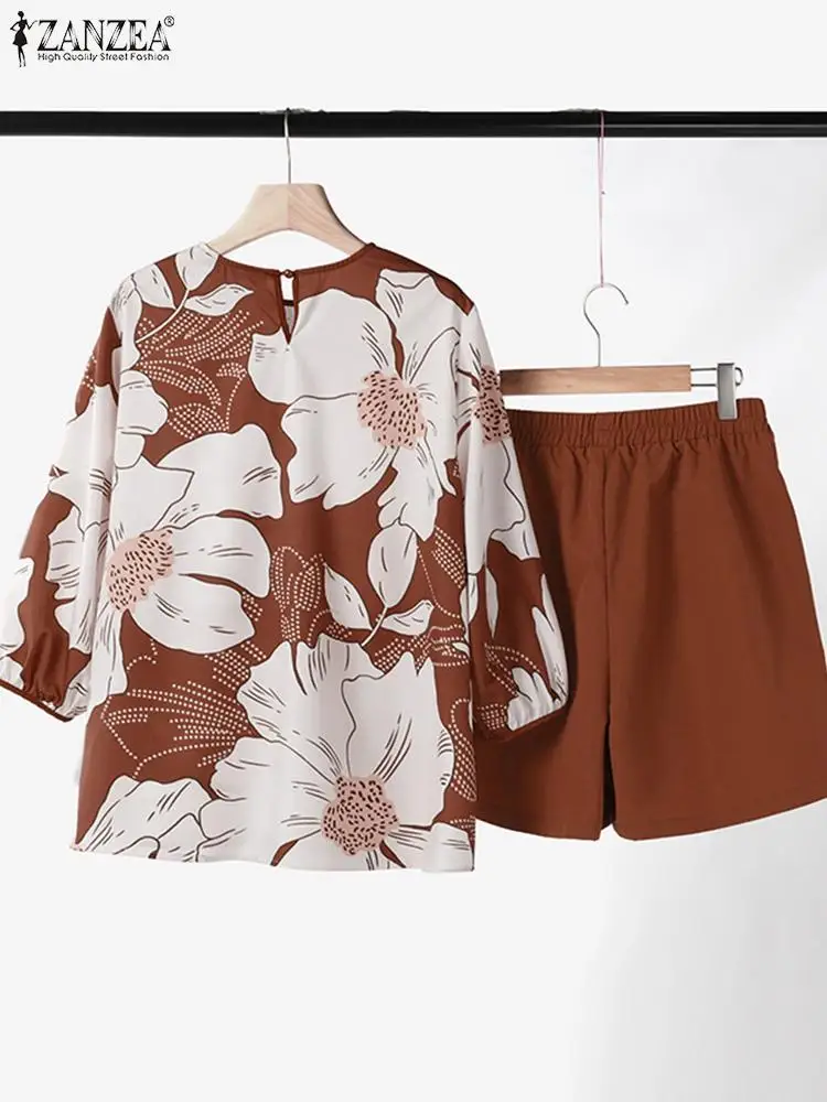 Летний женский короткий костюм ZANZEA 2 шт. богемный спортивный с коротким рукавом