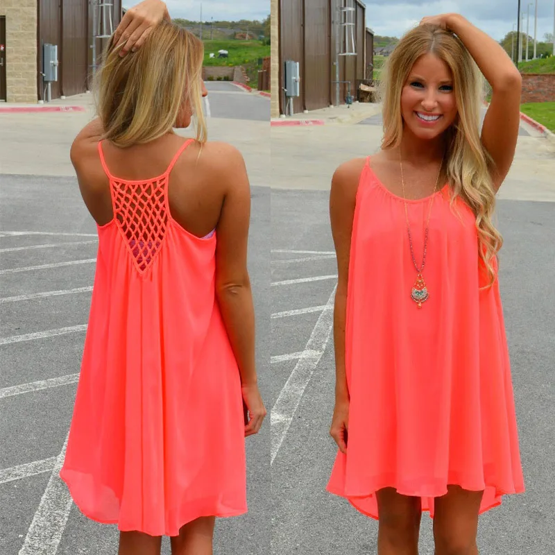 

Hem Sling Mini Dress Female Dress Fashion Clothing Vestidos Women Summer Solid Color Sleeveless Grids Backless Large dress