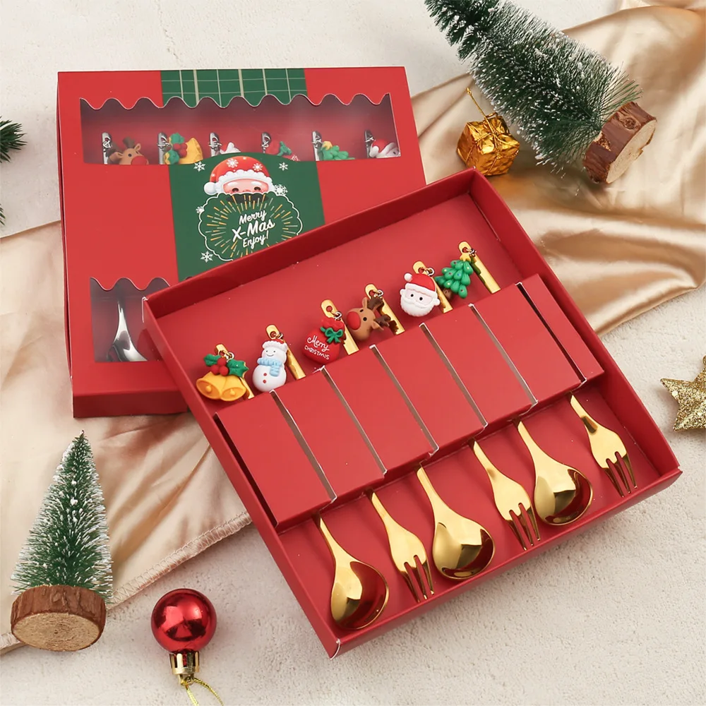 

6PCS Christmas Gift Glod Spoon Fork Set Elk Christmas Tree Decoration Dessert Scoop Fruit Fork Coffee Spoon Cutlery Set
