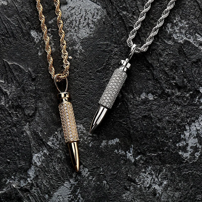 

Hip Hop 3A+ CZ Stone Paved Bling Iced Out Bullet Pendants Necklace for Men Rapper Jewelry Gold Silver Color Gift