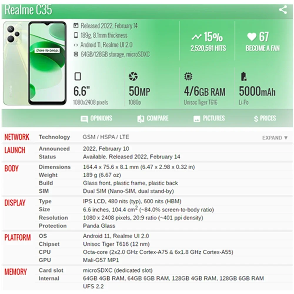 6,6 для OPPO Realme C35 ЖК-дисплей с сенсорным экраном в сборе, сменная панель дигитайзера, RMX3511 (art.: 3920cbcf55f97) - 3920cbcf55f97
