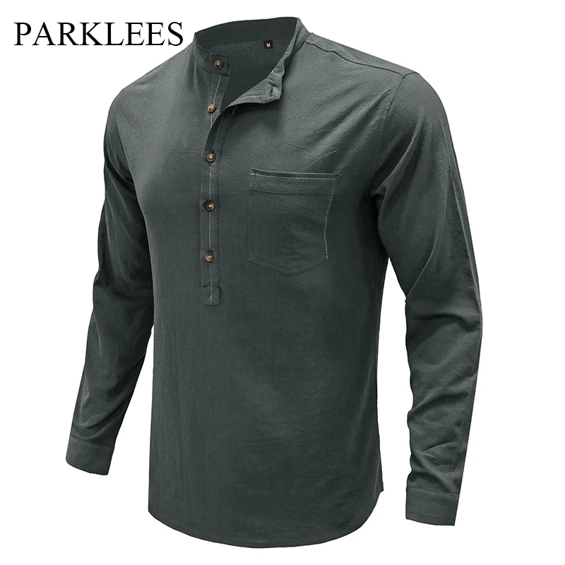 

Parklees Grey Long Sleeve Linen Henley Shirt Male Casual Regular Fit Basic Pullover Top Comfortable Breathable Camisa Masculina