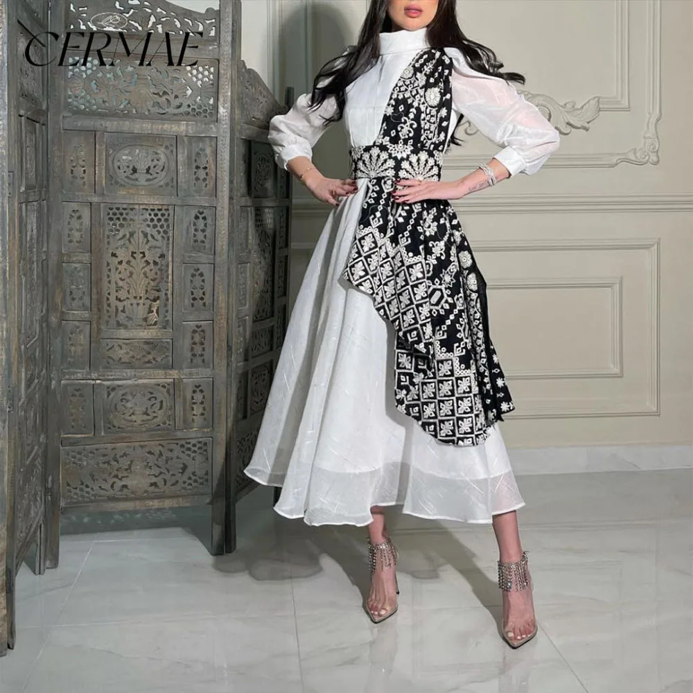 

CERMAE White Chiffon High Collar Ramadan Long Sleeved Belt Elegant Formal Evening Prom Bridesmaid Party Dress for Women 2023