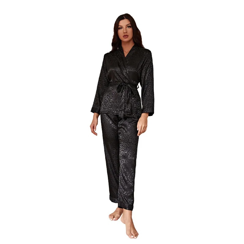 Women's Pajamas Set Satin Silk Black Leopard Print Sleepwear Set Autumn Winter Homewear Nightwear Nightgown