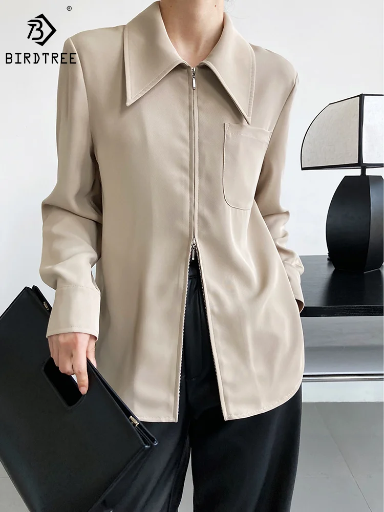 

Spring Autumn New Women's Korean Style Fashion Lapel Design Two-way Zipper Big Pocket Long-Sleeved Drape Shirts T36122JM