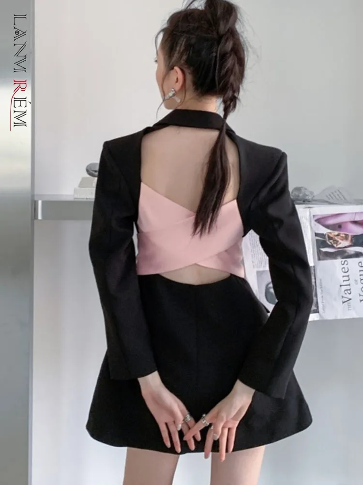 

LANMREM 2022 Autumn New Women Black Patchwork Pink Bow Hollow out Fashion Long Sleeve Single Breasted Lapel Blazer 2J214