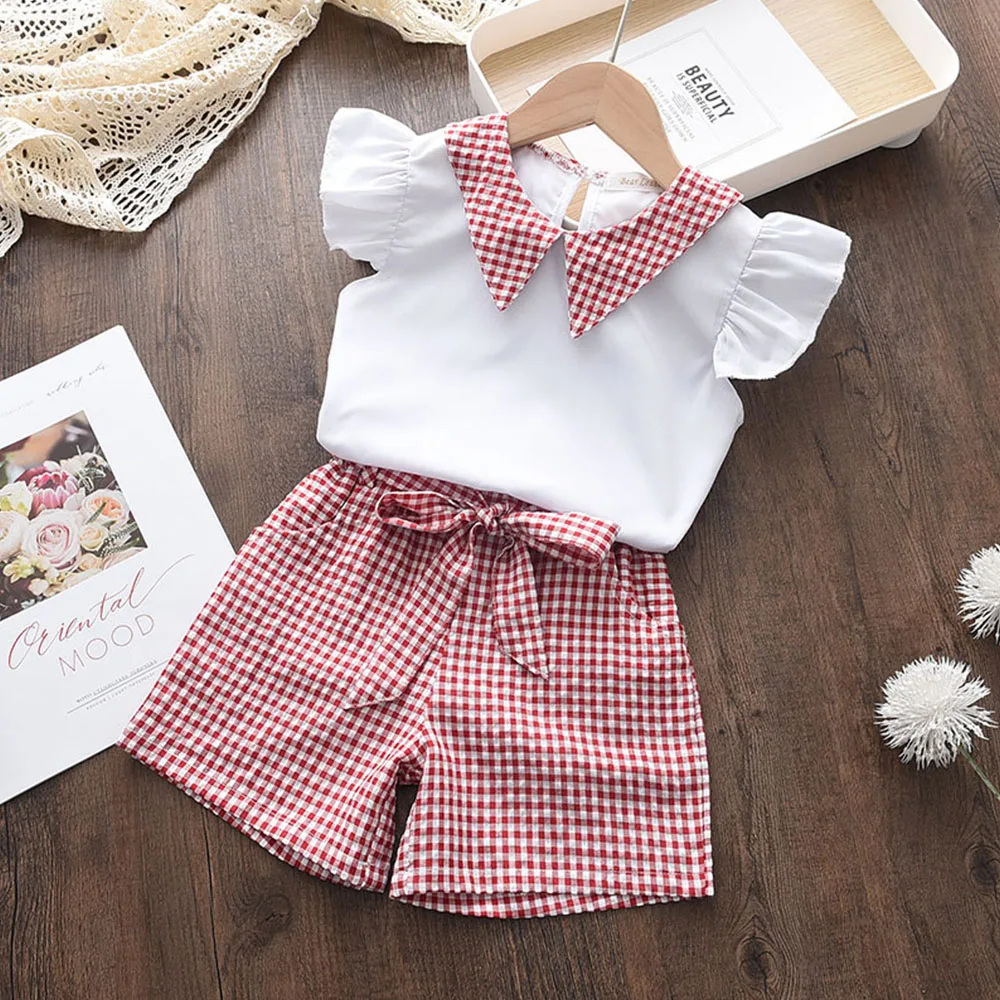 Menoea Toddler Girls Clothes Sets 2022 New Summer Patchwork T-shirts + Plaid Bow Shorts Casual Outfits Baby Kids Clothing Suits | Детская