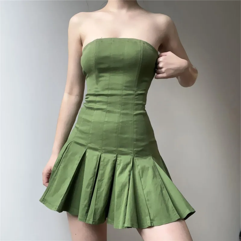 

2022 New Fashion Summer Dress For Women Y2K Sexy Lady Cloth Solid Color Yube Top Lady Seaside Dress Pleated Skirt Party Dress