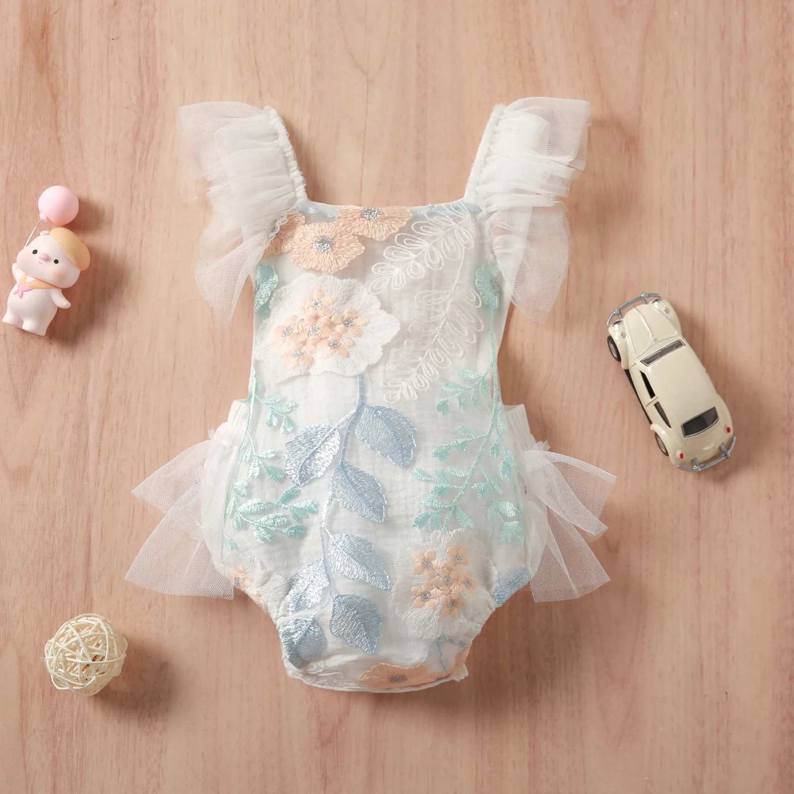 

Newborn Baby Girl Summer Mesh Embroidered Climbing Jumpsuit 0-24M
