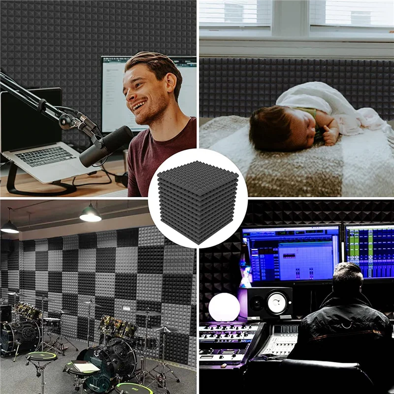 12 Pack Acoustic Foam Self-Adhesive Pyramid Sound Insulation Absorber for Studio Office Study Home