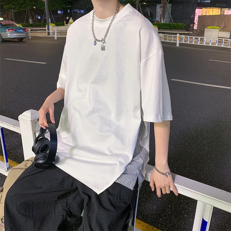 

2022 Summer Fake Two Short Sleeve Men T Shirt Cool Boys Loose Striped Print Spliced Korean Fashion Oversized Punk Streetwear Top