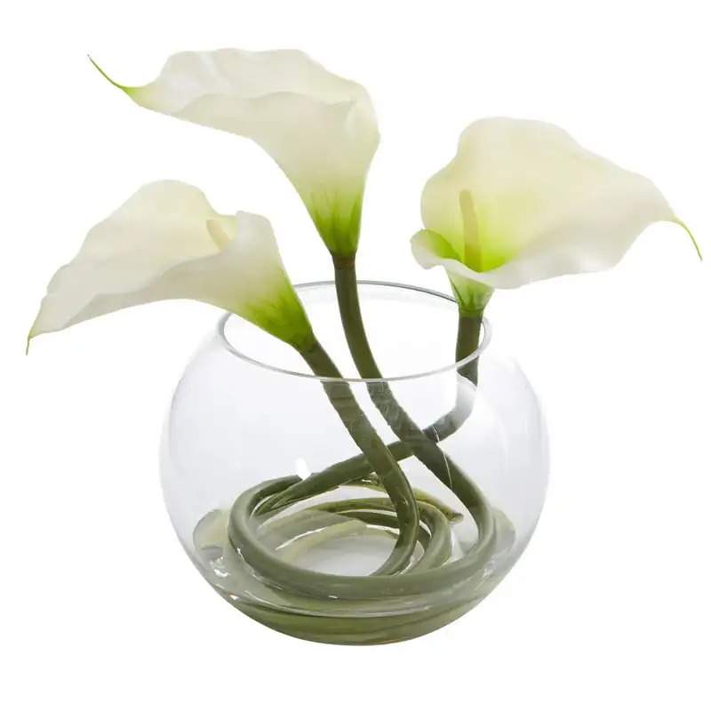 

9in. Calla Lily Artificial Arrangement in Rounded Glass Vase, White