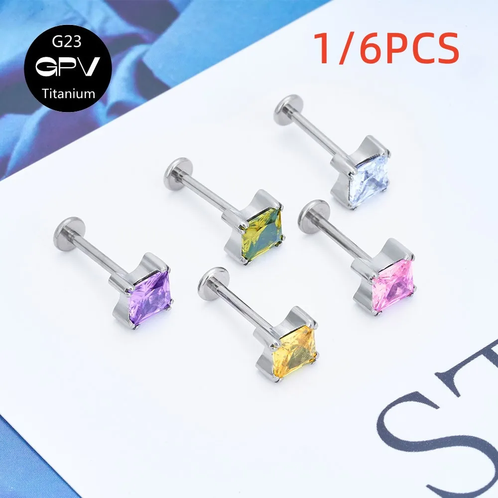 

1/6PCS G23 Titanium Square Large Zircon Ear Stud Multi-Color Female Banquet Ear Bone Stud Piercing Jewelry Lip Stud Nose Stud
