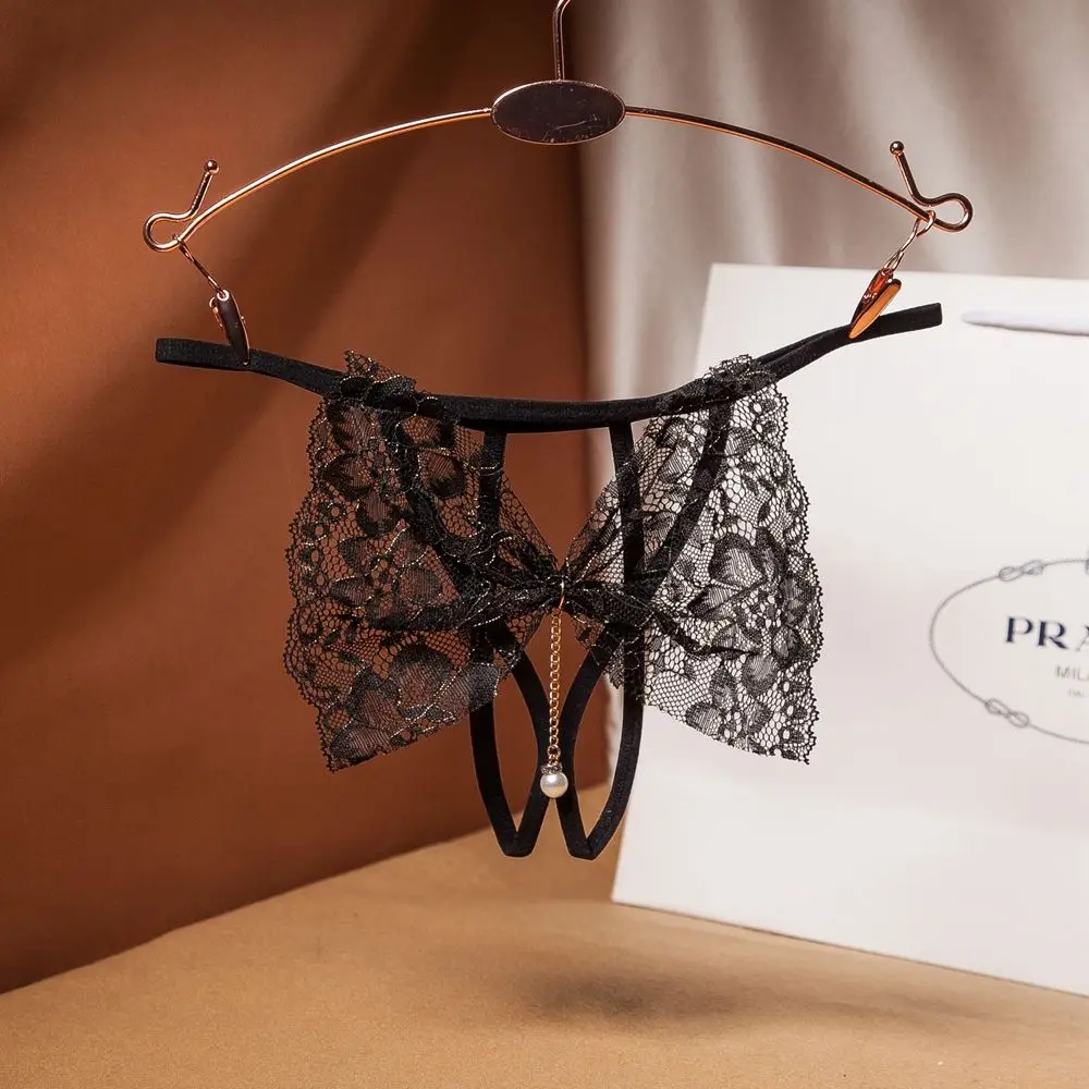 

Lace Perspective Sexy Hot Panties Women's Hollow Bow Design Thong Open Crotch Low Waist G-String Briefs Underwear
