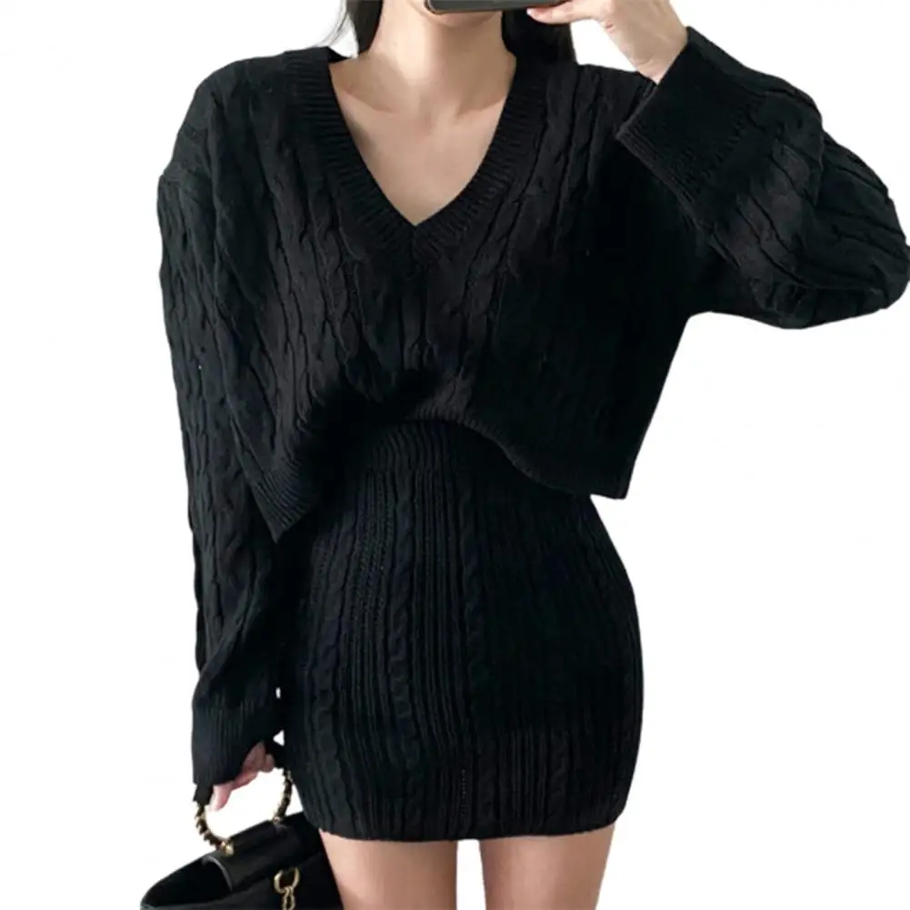 

2 Pcs/Set Sweater Skirt Set Solid Color Knitted Twisted Texture Short Sweater High Waist Lady Sweater Skirt Suit Women Clothing