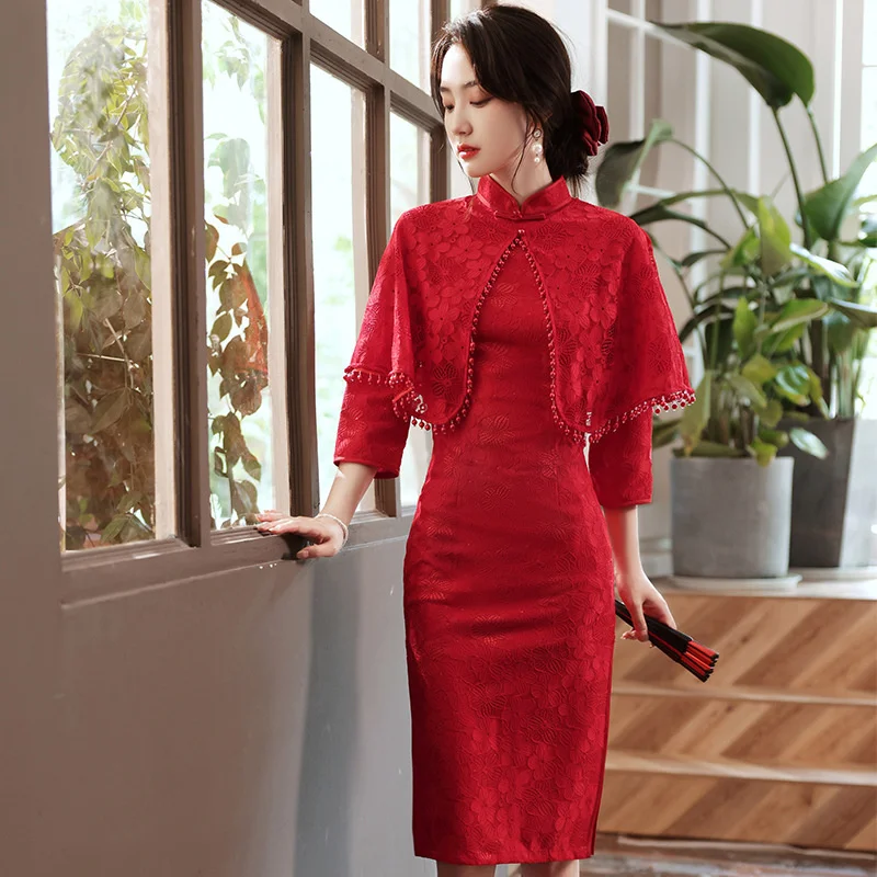 

Sheng Coco Improved Old Shanghai Chipao Dresses With Shawl Red Elegant Qipao Cheongsam Dress New China Oriental Style Dresses