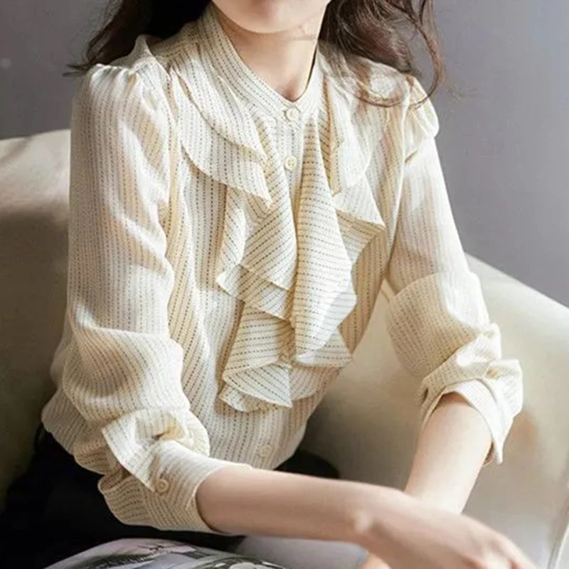 Double layer lotus leaf collar blouse 2022 spring new striped professional long-sleeved  shirt top white collar  tops mujer