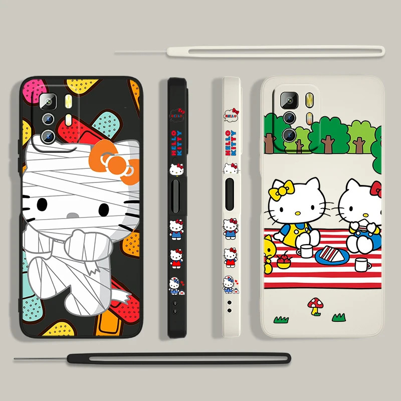 

Cute Hello-Kitty Anime For Xiaomi Redmi Note 11 11S 10 10S 9 9S 9T 8 8T 7 5 Pro 5G Liquid Left Rope Silicone Phone Case