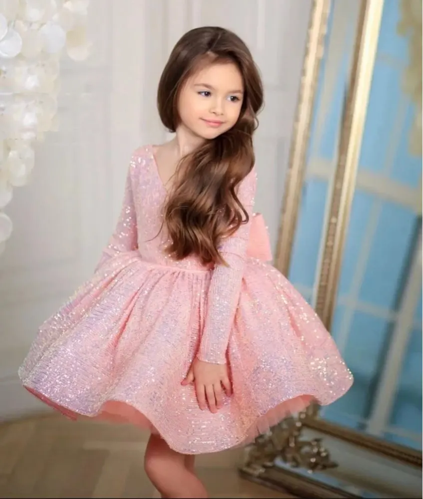 Enlarge Sparkling Pink Kids Party Gowns Ruffles Tutu Pageant Gowns Glitter Sequin Puff Birthday Dress Flower Girl Dress