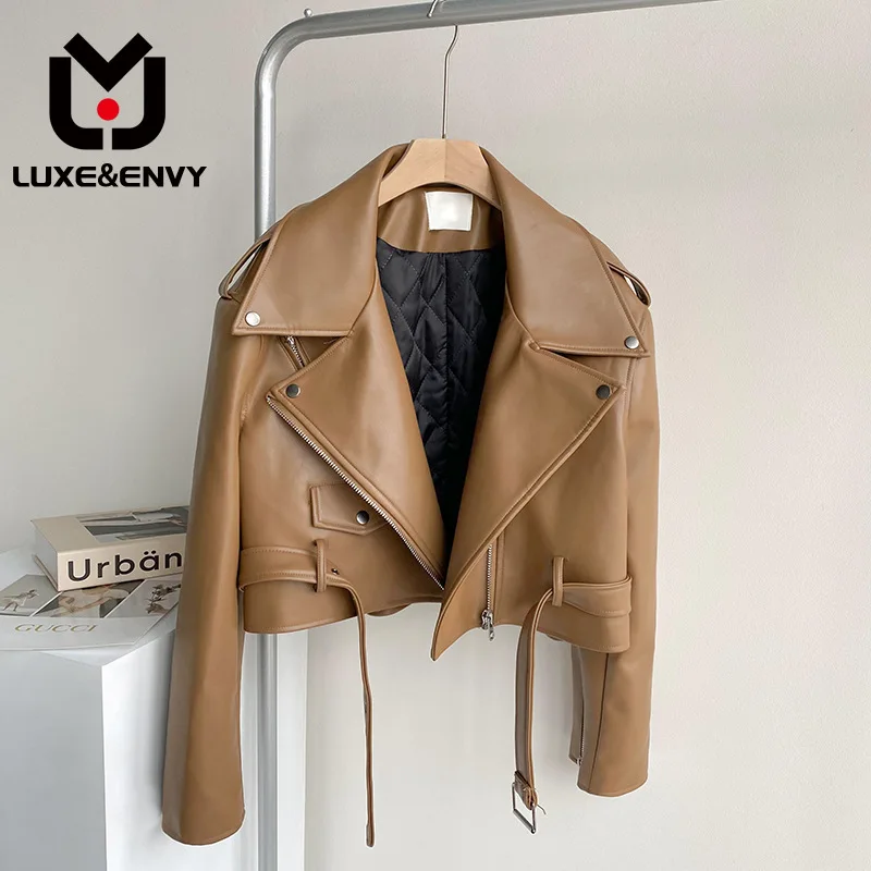 

Роскошное & ENVY коричневое кожаное мотоциклетное пальто, женская зимняя уличная короткая куртка в новом стиле, эксклюзивный дизайн, трендовая осень 2023