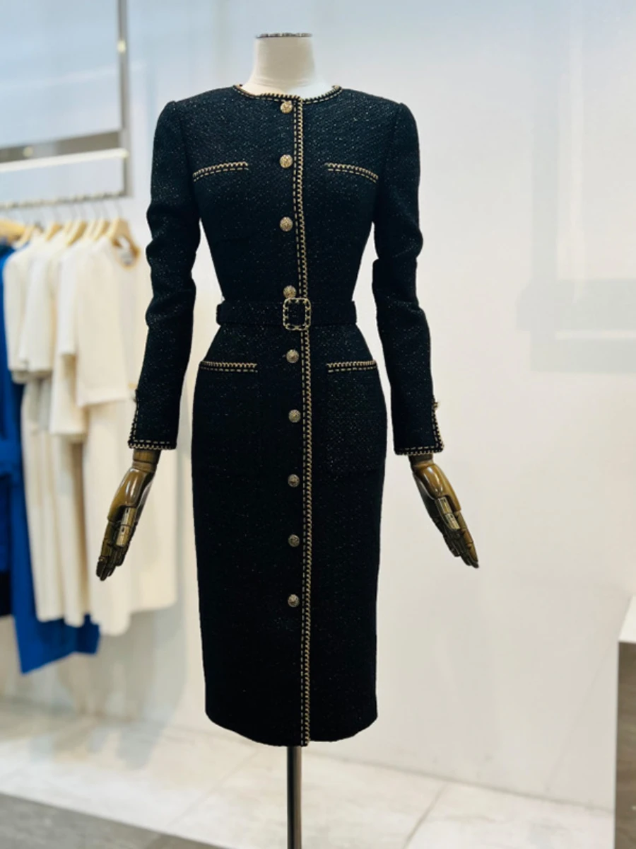 

2022 Autumn Winter New Fashion Elegant Office Lady Mid-Length Dress Women's Simple Trendy Simple Ribbon Tweed Slim-Fit Dress