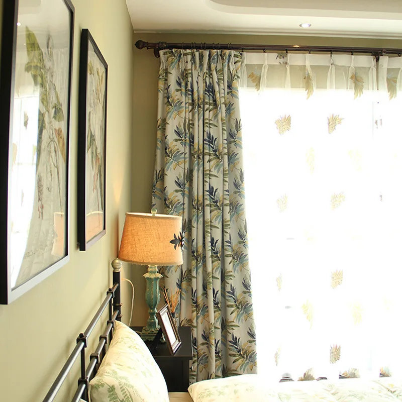 

Banana Leaf Bedroom Living Room Blackout Curtain Retro American Country Jacquard Cotton Linen Curtain Villa Custom Size