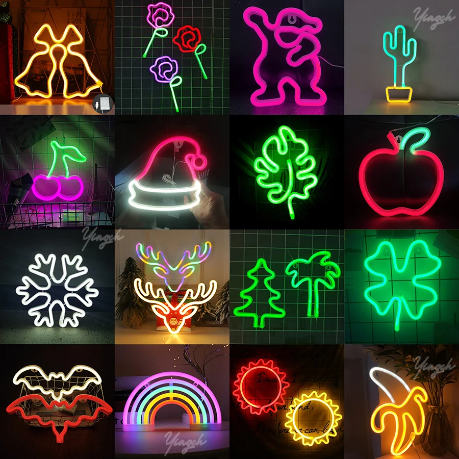 LED Neon Sign Lights Wall Decoration Nightlight Lightning Christmas Tree Hat Animal Bat Flower Modeling Lamp Decor Room Party