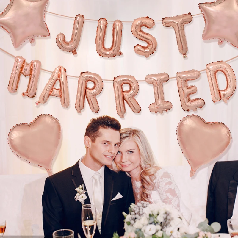 

1set Rose Gold Just Married Foil Balloons Banner Wedding Decoration Letter Heart Star Round Shape Valentines Day Party Supplies