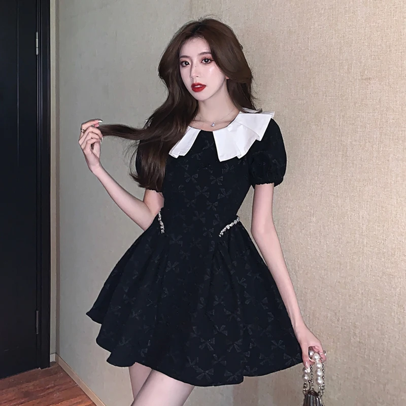 

Черное женское платье с кукольным воротником, приталенное черное платье-пачка с высокой талией и короткими рукавами, летнее платье в японск...