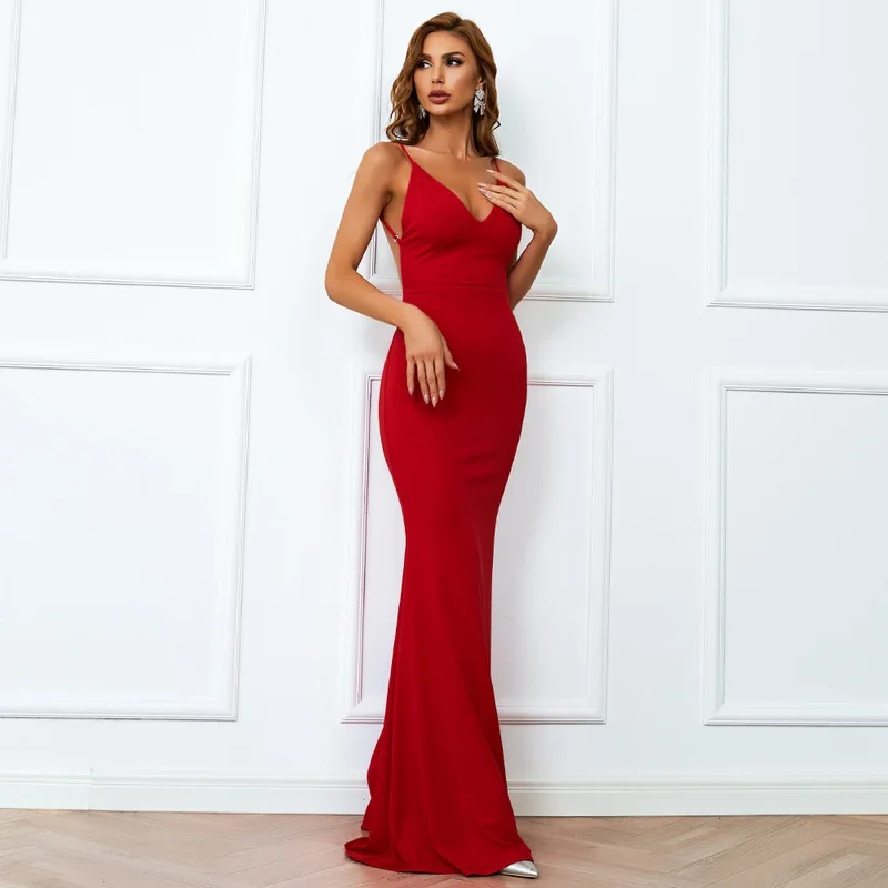 Romans Women Red Bodycon Bandage Party Dress Sexy Spaghetti Spras Mermaid Party Prom Dress Long Girl Dress