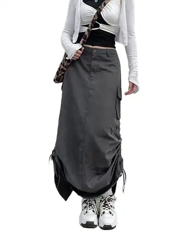 Women Long Cargo Skirts with Pockets Drawstring Shirred Baggy Skirt Y2K Vintage Streetwear