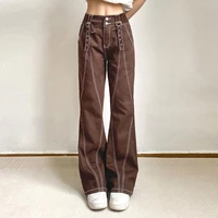 2022 retro womens jeans fashion high waist pockets casual jeans straight wide leg slim long denim pants streetwear