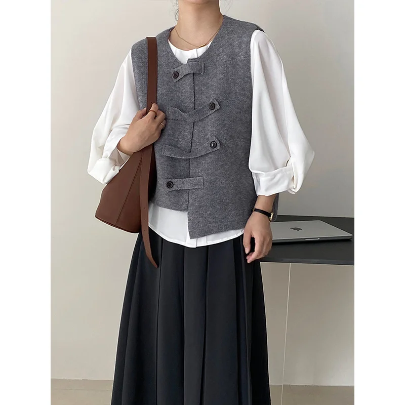 

Vintage Sweaters Korean Button Loop Knitted Vest Female 2022 Autumn Wool Asymmetric Solid Color Sweater Vest Vintage Sweaters
