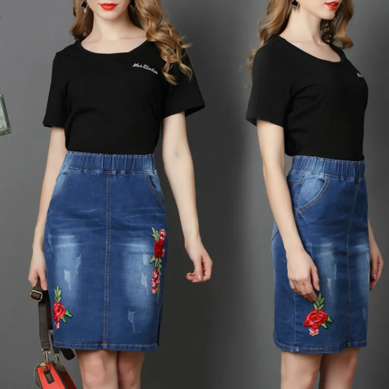 

2023Spring&summer European & American Women Plus Size Denim Skirt Embroidered High Waist Elastic Women Denim Skirt