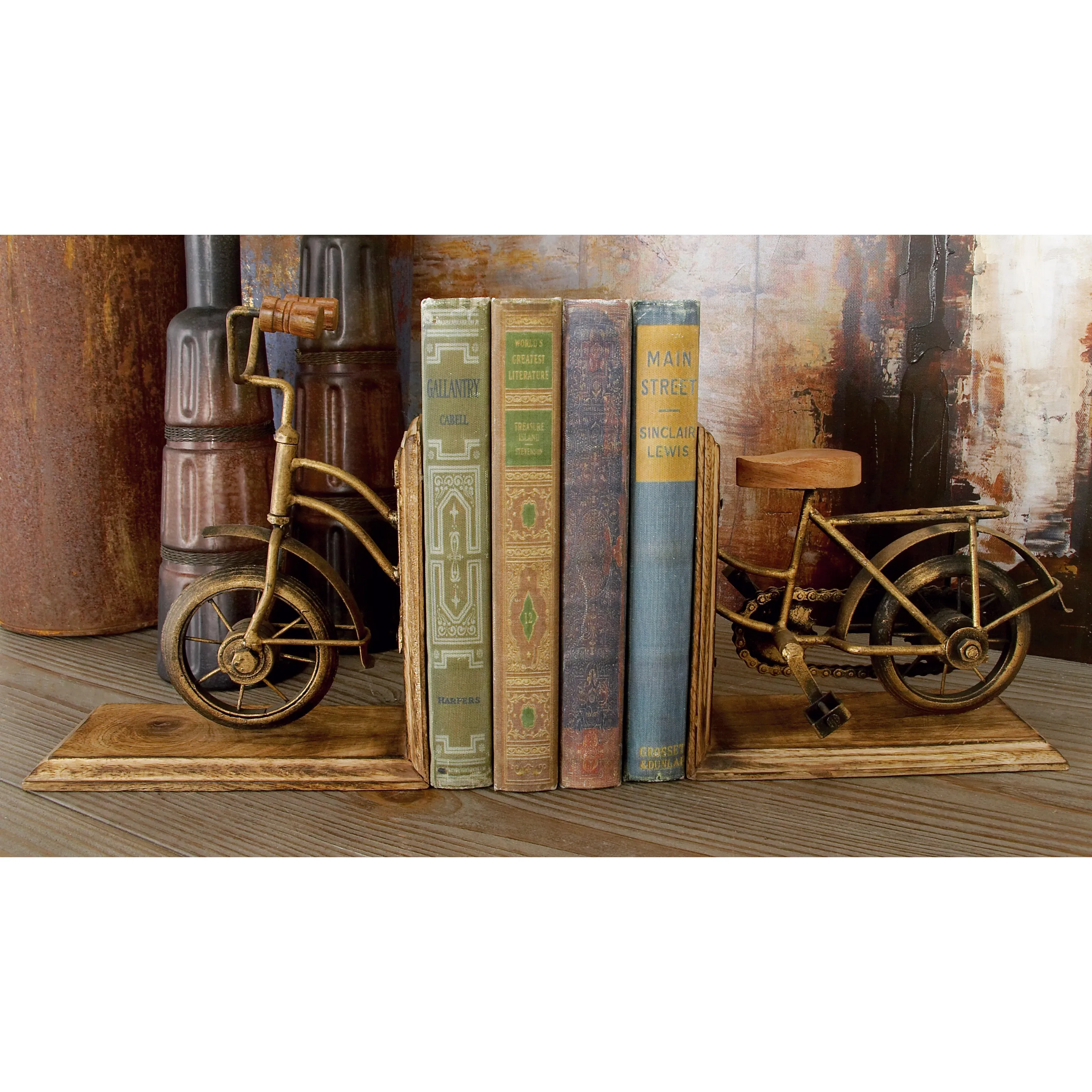 

7" Bike Brass Wood Bookends (Set of 2)