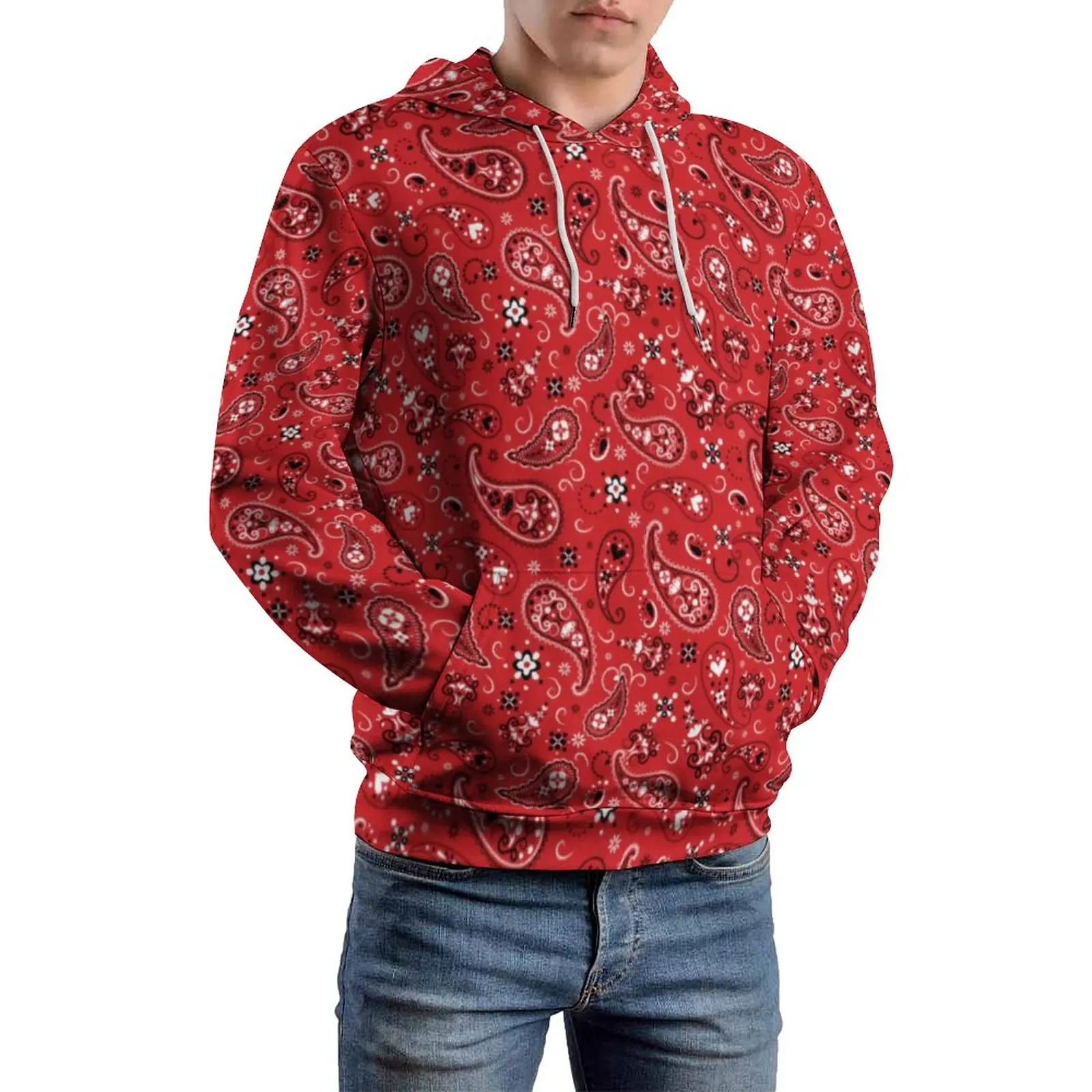 

Red Paisley Print Casual Hoodies Vintage Floral Aesthetic Graphic Hooded Sweatshirts Autumn Long Sleeve Fashion Oversize Hoodie
