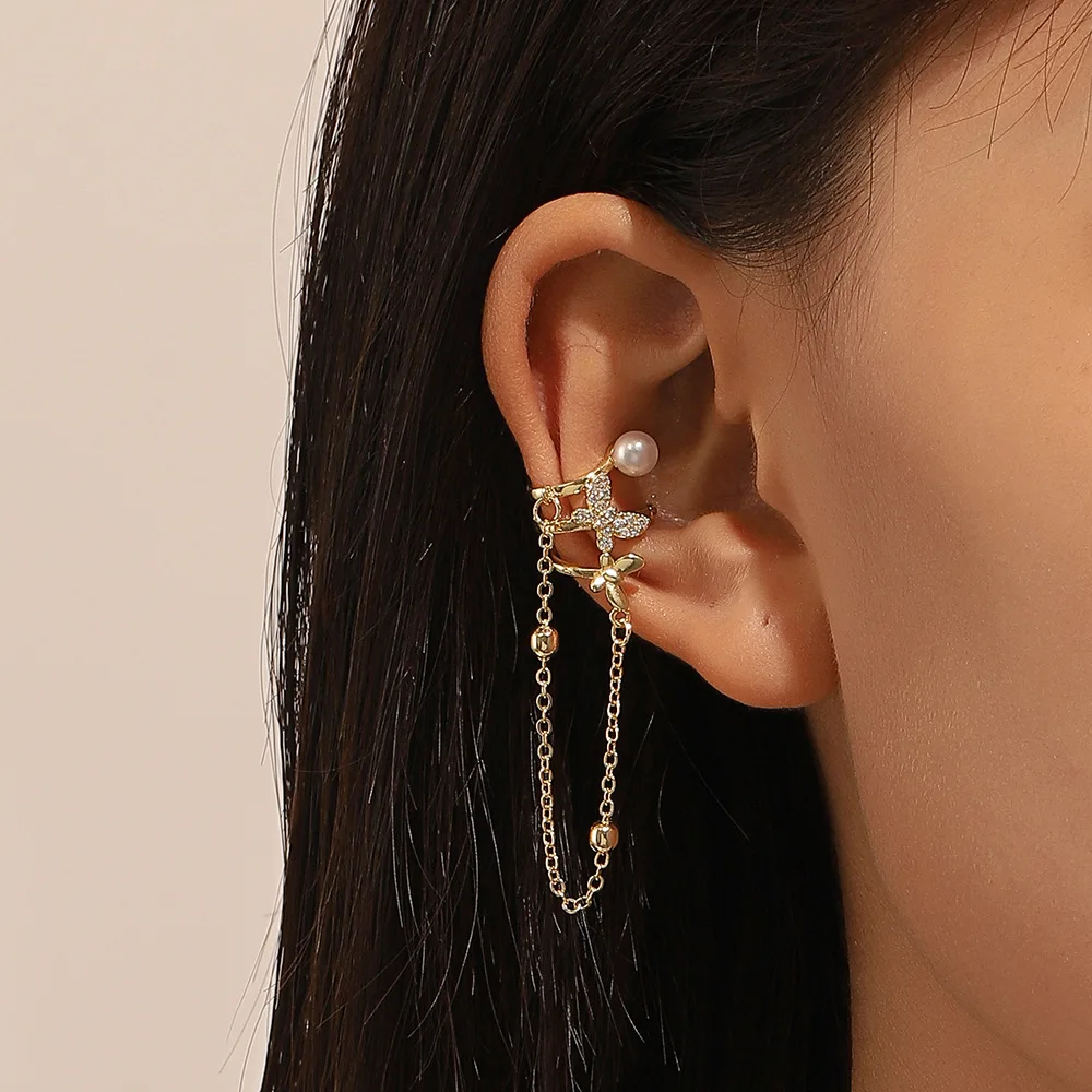 

Inlaid Zirconia Butterfly Ear Clip Earrings For Women Retro Fashion Long Pearl Chain Tassel Ear Bone Clip Body Jewelry Gift