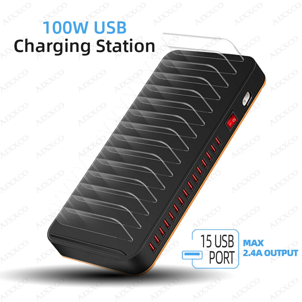15 портов, 100 Вт, USB-зарядная станция, док-станция с держателем, 5 В, 2,4 А, USB-зарядное устройство для телефона для iPhone, ПК, планшета