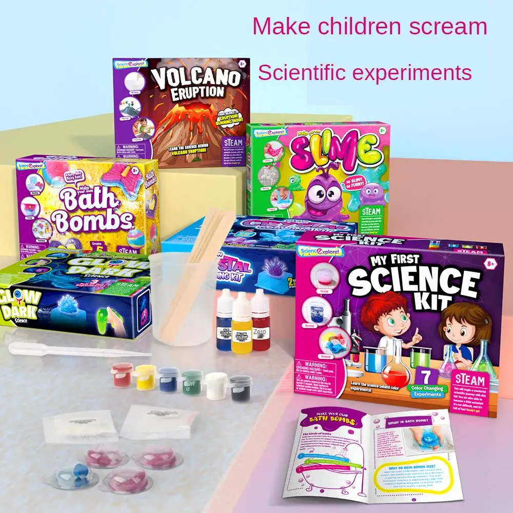 

Science Experiment Kit Volcano/Slime/Growth Crystal/Bath Bombs/Color Mixing Experiment Set Educational Toy Kids Learning Fun Toy