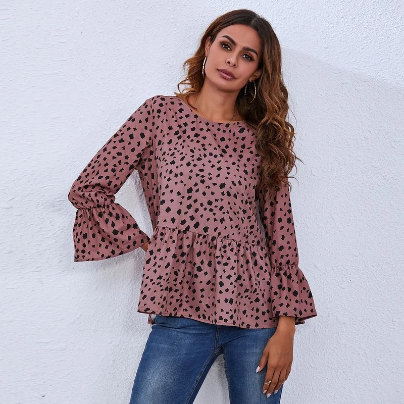

2021 Autumn New Style Black Dot Printing Blouse Long-sleeved Casual Loose Ruffled Women Round Neck Temperament Blouse Women