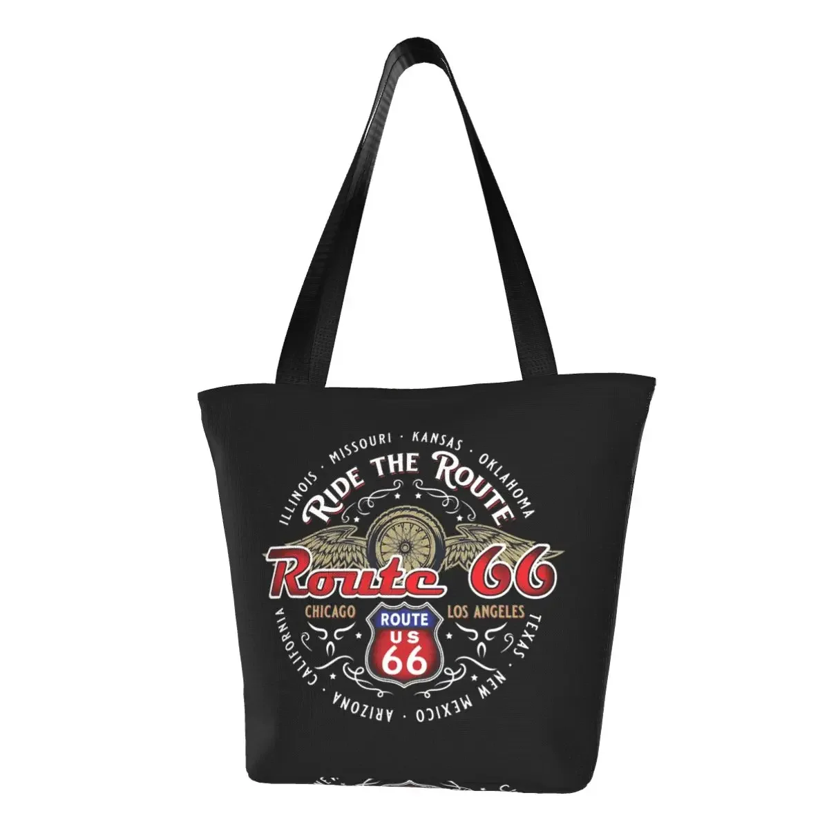 

Custom Ride The Route 66 Shopping Canvas Bags Women Portable Grocery Biker Motorcycle Cruise America's Highway Shopper Tote Bags