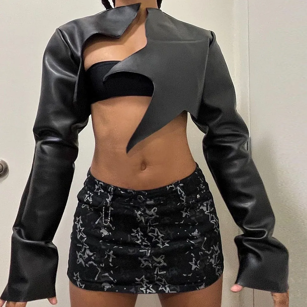 Женская короткая куртка из ПУ кожи с длинным рукавом