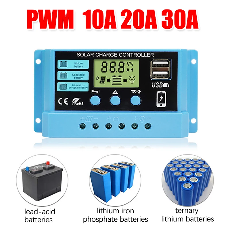 

PWM Solar Charge Controller 10A 20A 30A 12V 24V PV Regulator with LCD Display Dual USB for Solar Panel Controllers