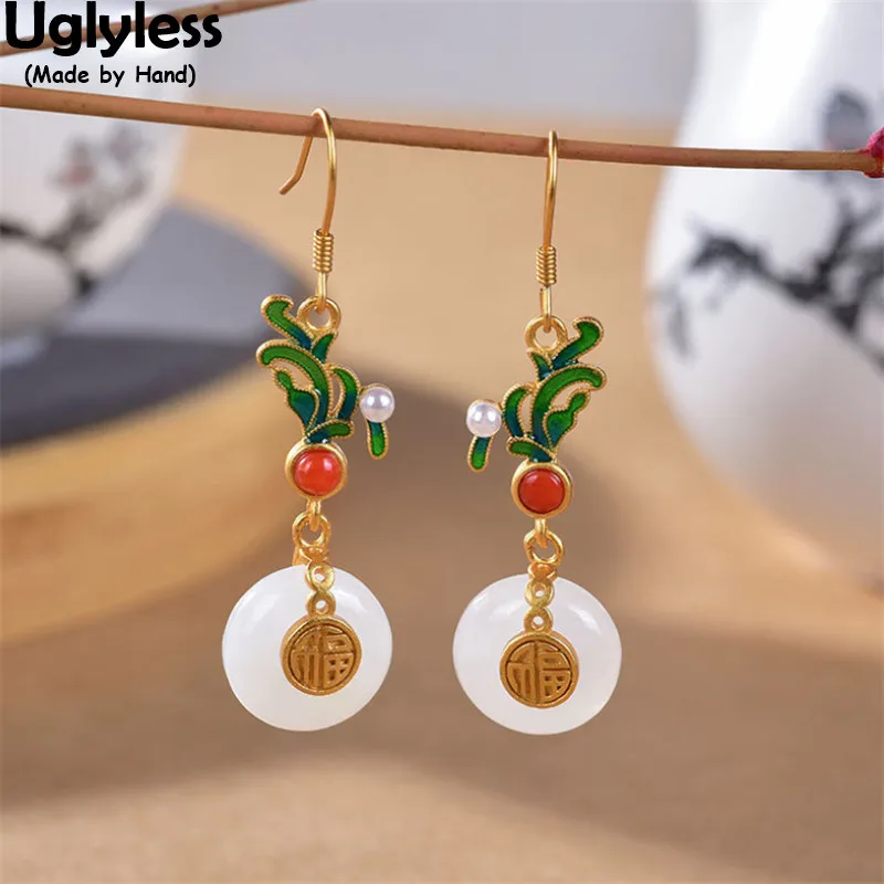 

Uglyless Enamel Green Orchid Grass Earrings for Women Chinese FU Peace Buckles Vintage Earrings 925 Silver Agate Jade Brincos