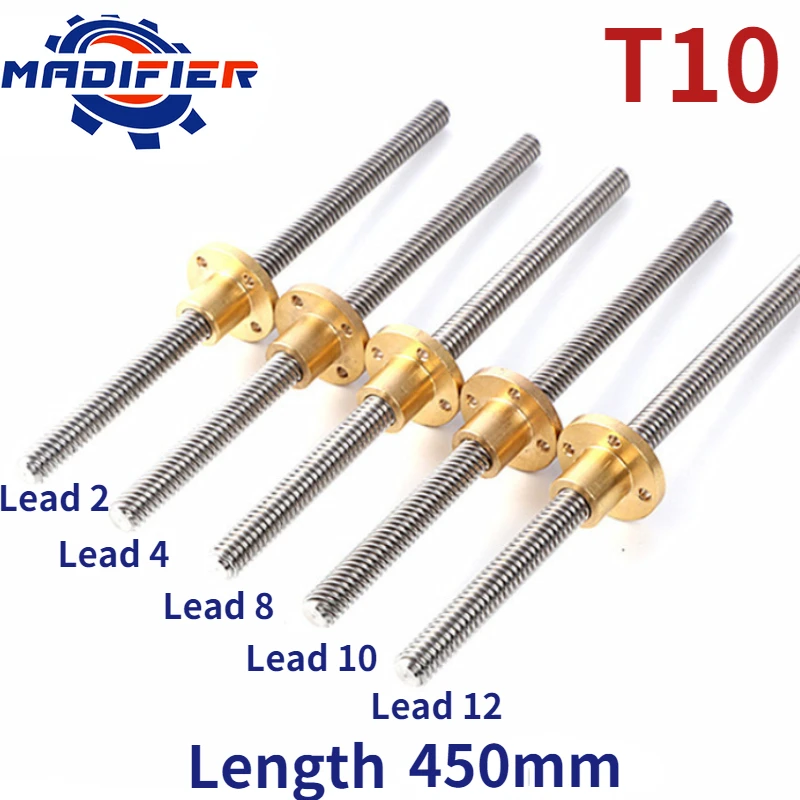 

304 stainless steel T10 screw length 450mm lead 2mm 3mm 4mm 8mm 10mm 12mm trapezoidal spindle 1pcs With copper nut