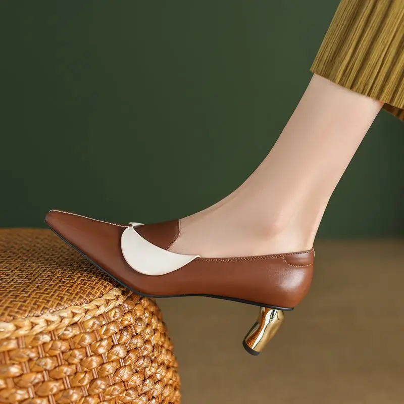 Gold Heel Natural Genuine Leather Women Heels Shoes Spring Summer Color Mosaic Fashion Leisure Party Wedding High Heel Shoes