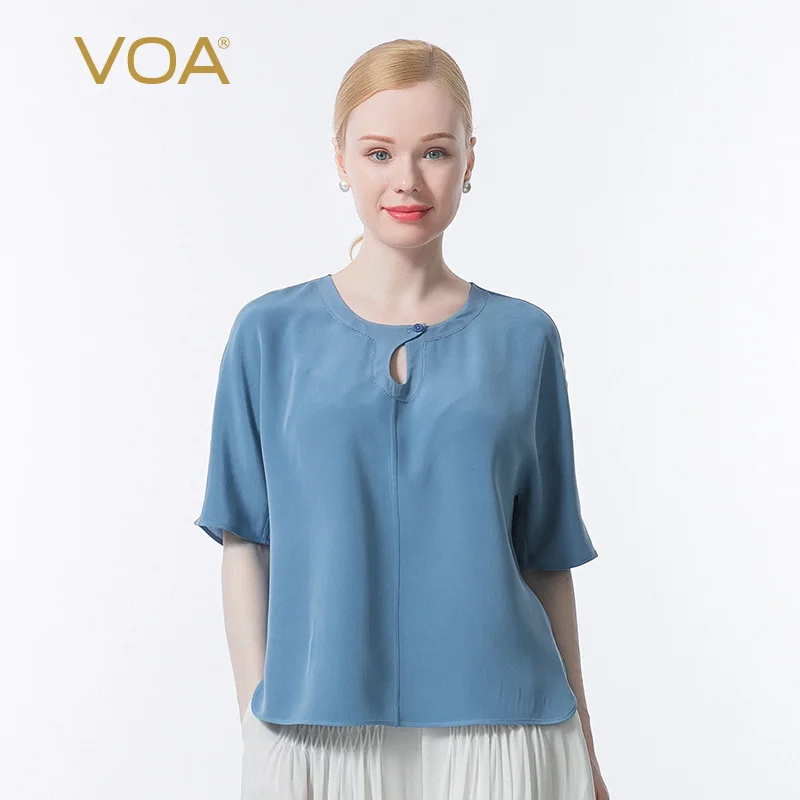 

VOA Silk 30m/m O-Neck Placket Single Button Dovetail Splicing Three-dimensional Decoration Simple T-shirt Women BE692