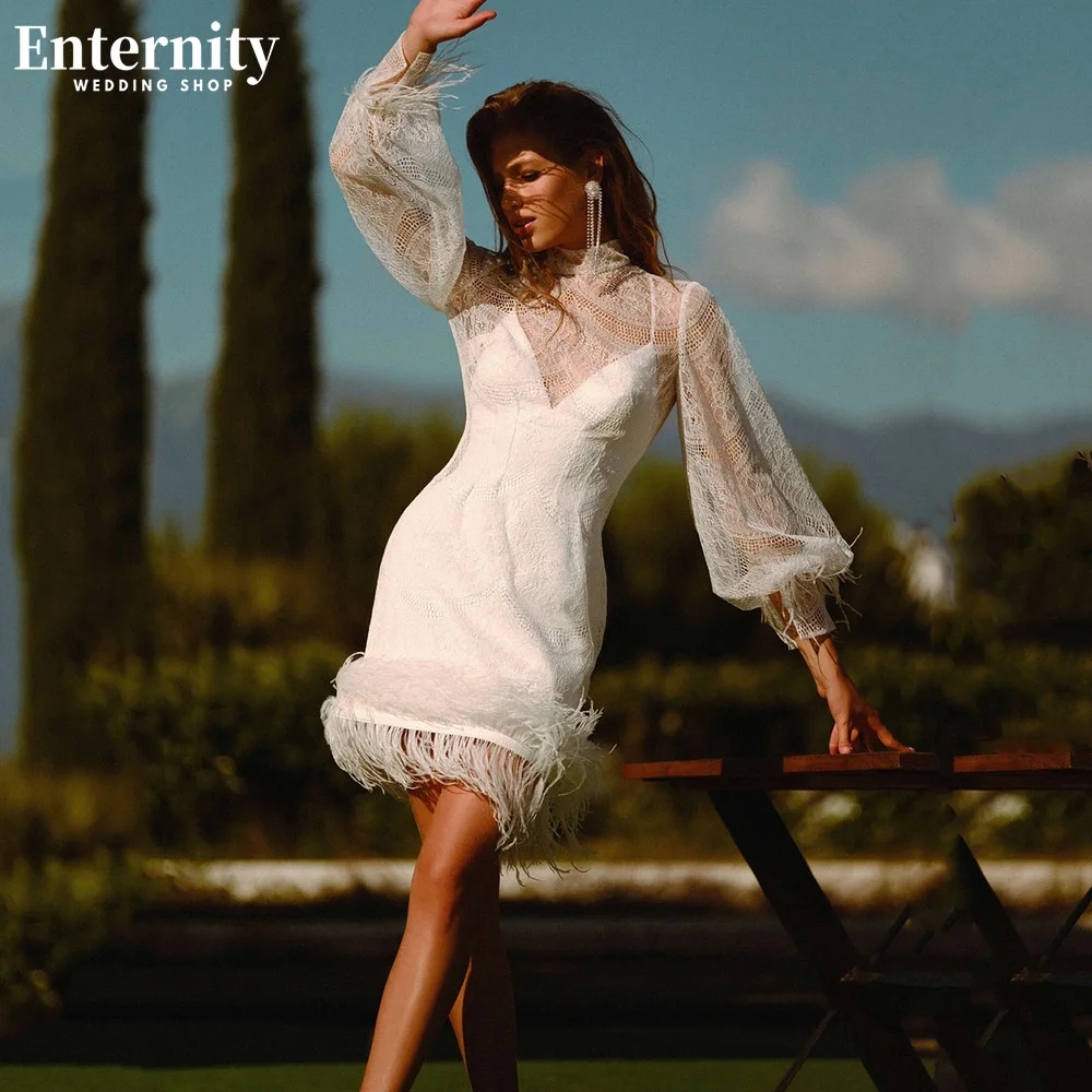 

Pastoral Long Puffy Sleeves Mini Wedding Dresses Mermaid Tassel Bridal Gowns Criss Cross Back Short Lace Vestidos De Novia