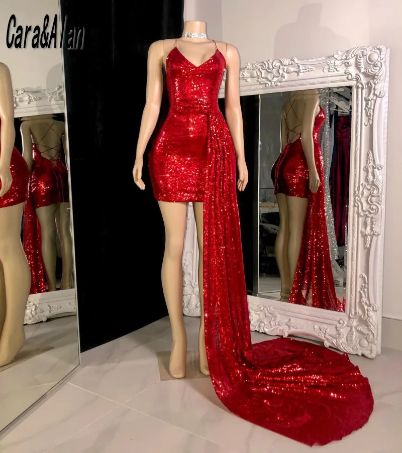 

Cara&Alan Shinny Red Prom Dresses 2022 Backless Short Party Gowns Sleeveless Girls Cocktail Dress vestidos de boda invitada