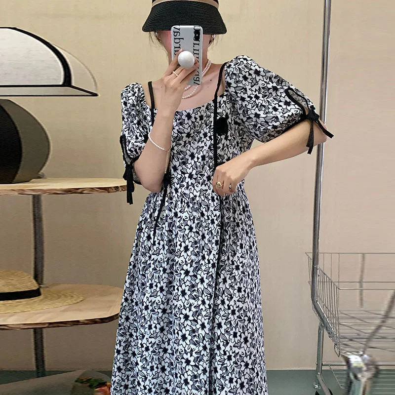 

Корейский шик летнее Новое темпераментное платье с квадратным воротником тонкое платье с рукавами-пузырями и цветочным принтом элегантное...